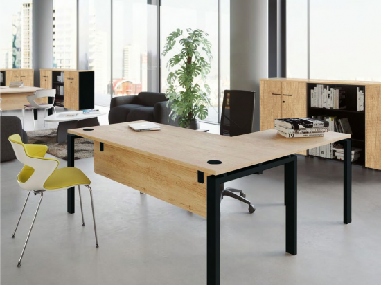 Bureau piètement arche avec obturateurs et meuble de rangement