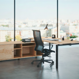 Bureau de direction piètement arche avec meuble de rangement ouvert