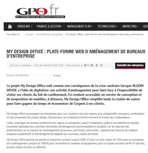 La presse partle de My Design Office, plate-forme d'aménagement de bureaux en ligne